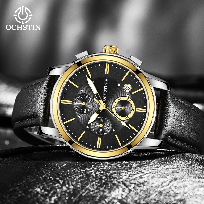 OCHSTIN Mens Multifunction Quartz Movement Wristwatch Male Genuine Leather Band Mineral Hardened Glass Waterproof Watch