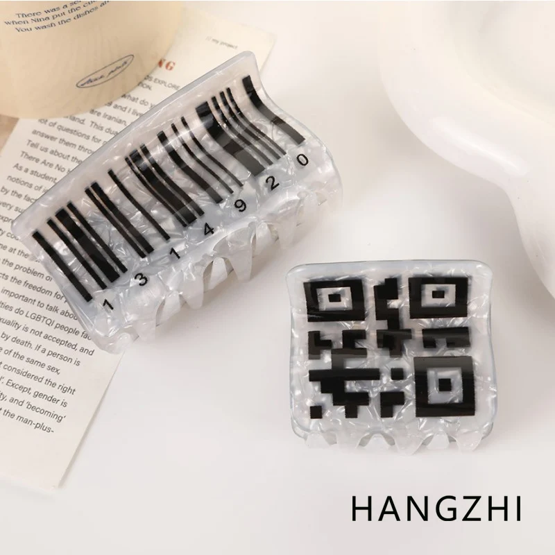 HANGZHI Black Striped Acrylic QR Code Barcode Printed Grab Clips Fun Quirky Hair Accessories For Women Daily Wash Headwear