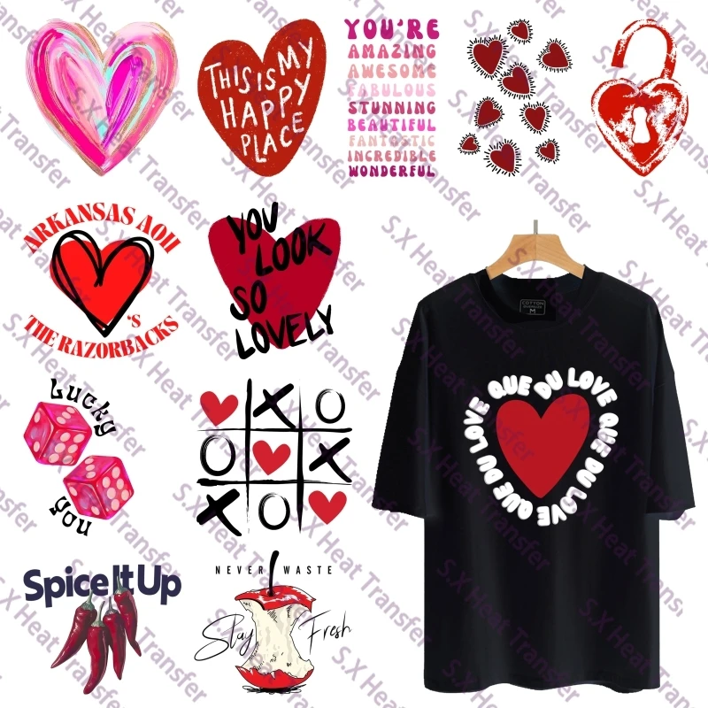 24cm Red Love Heart DTF Heat Transfer Sticker Vintage Graffiti Dice Apple Chili Iron On Transfers For T-Shirt Clothing DIY Decal