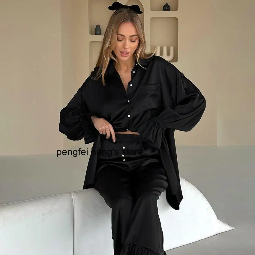 

New European American Women Ruffle Pajama Set, Autumn Winter Loose Long Sleeve Long Pants Two-Piece Home Loungewear Sleepwear