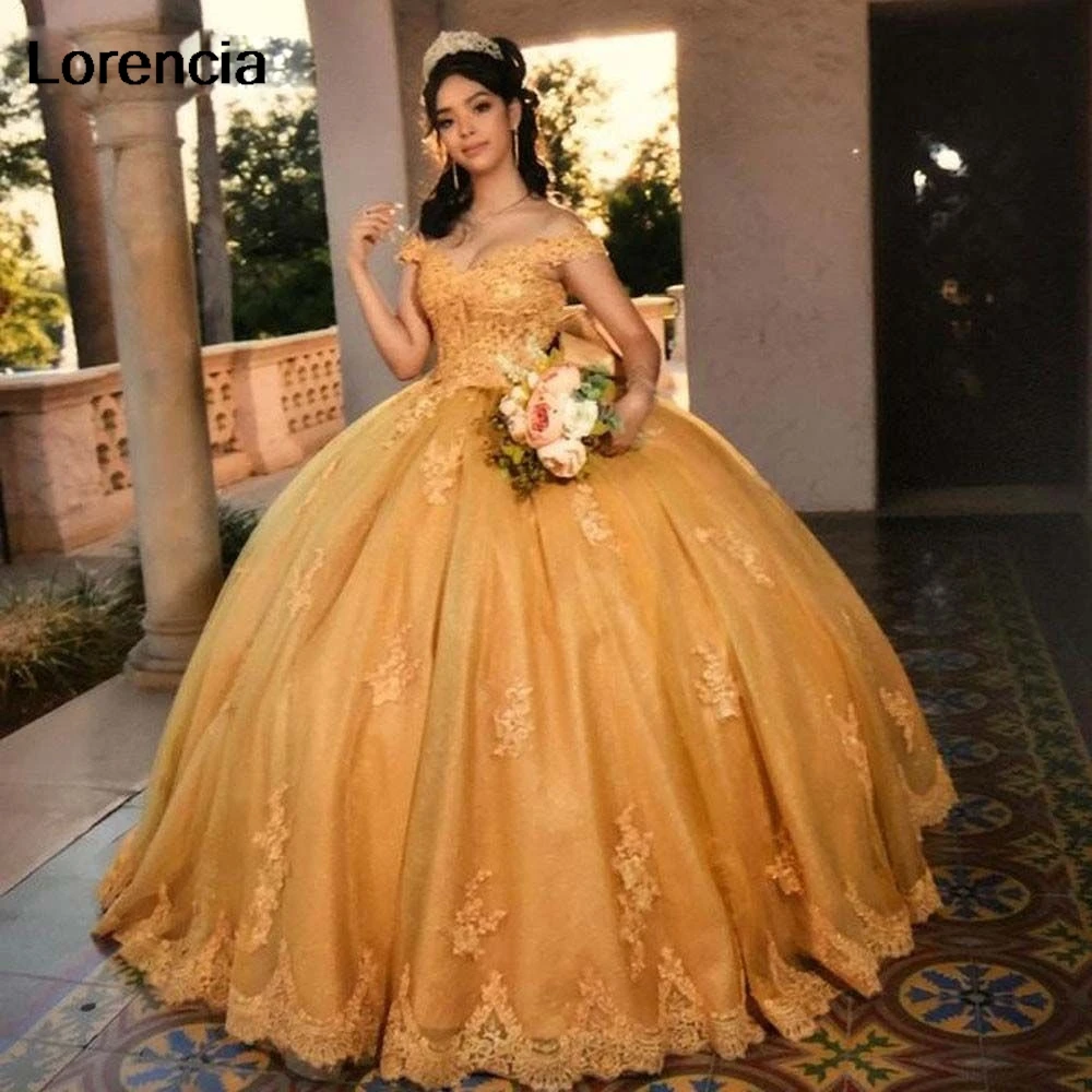 Customized Glitter Gold Quinceanera Dress Off Shoulder Lace Applique Beading With Bow Corset Sweet 16 Vestidos De 15 Años YQD661