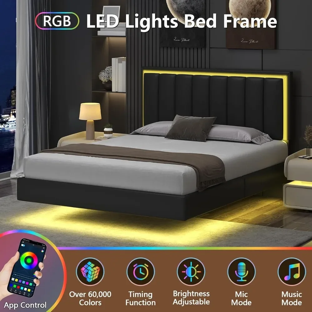 إطار سرير، إطار سرير منجد بحجم كوين مع لوح رأسي، أضواء LED RGB، دعم شرائح من الخشب الصلب، بدون صندوق