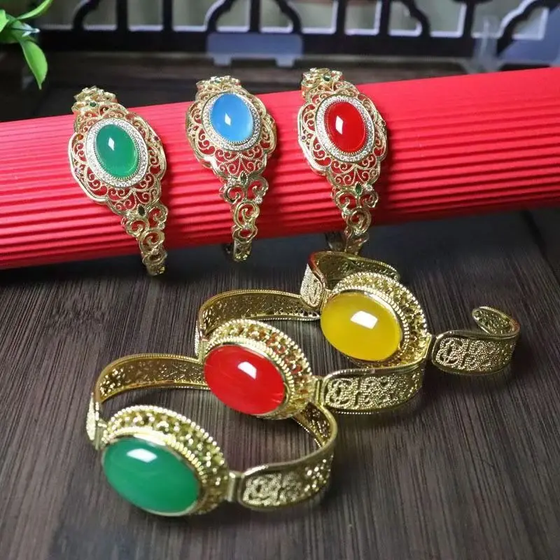 Classic hot selling natural ancient chalcedony inlaid bracelet vintage craft open bracelet antique style hand jewelry gift