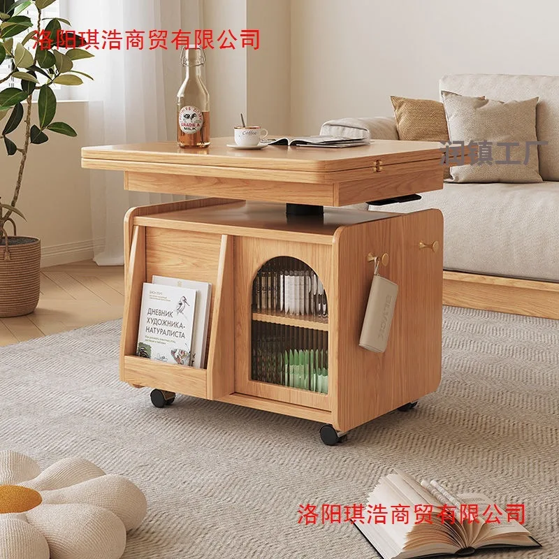 

Simple solid wood multi-functional mobile cart coffee Nordic lifting folding tea table dual-purpose small