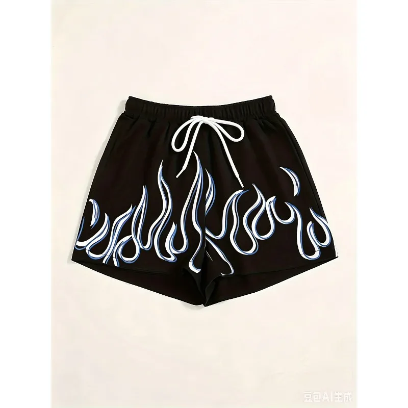 shorts-estilo-street-flame-graffiti-unissex-pretos-soltos-e-retos-para-esportes-e-lazer