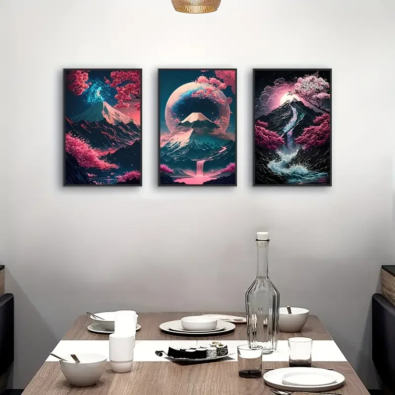 3pcs Set Of Frameless Canvas Art Prints - Modern Japanese Cherry Blossom Landscape, Perfect For Bedroom, Living Room & Hallway D