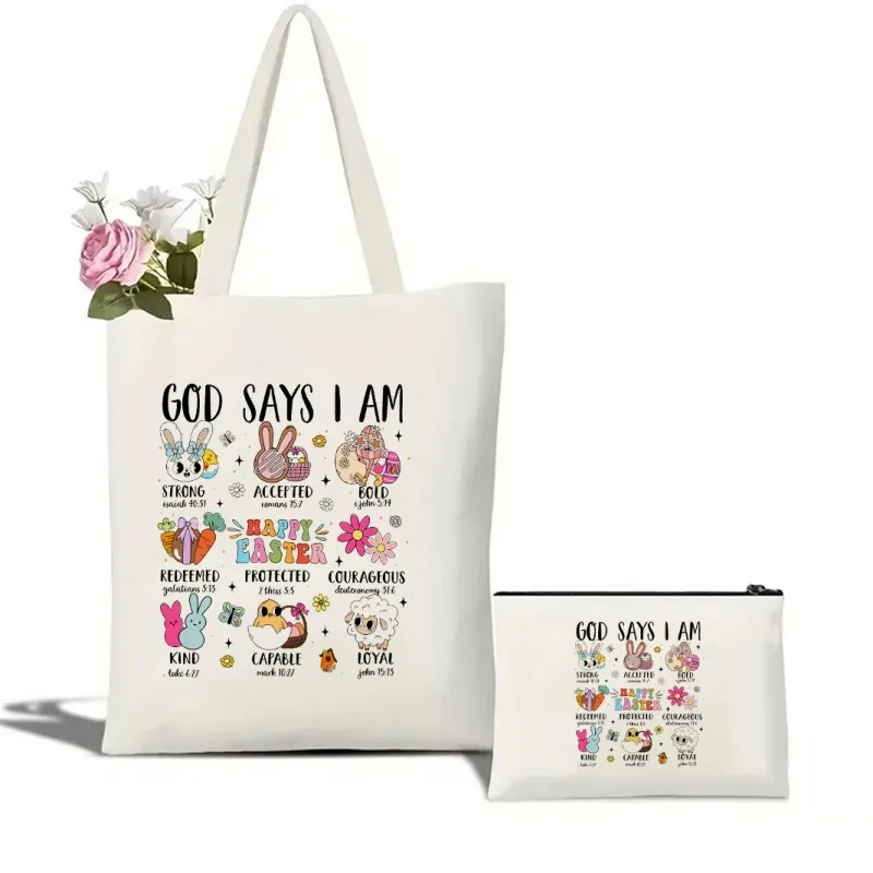 God Says I Am Easter Bible Quotes Tote Bag Women Shoulder Handbag Cosmetic Bag Canvas Large Capacity Shopping Bag  Travel Pouch