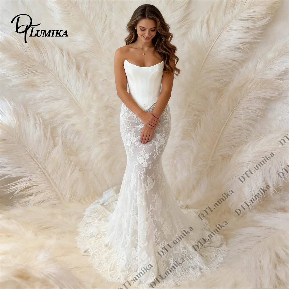 

Made to Order Mermaid Wedding Dress, Lace Applique Tulle Gown with Satin Corset Top & Chapel Train 3D Flora