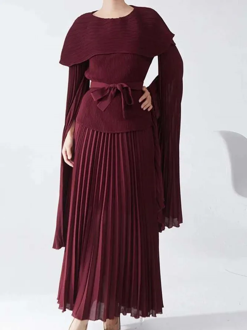 Pleated 2 Pieces Sets For Women Round Neck Long Batwing Sleeves Bandage Shirts With A Line Skirts Female Fashion 2ZRO1