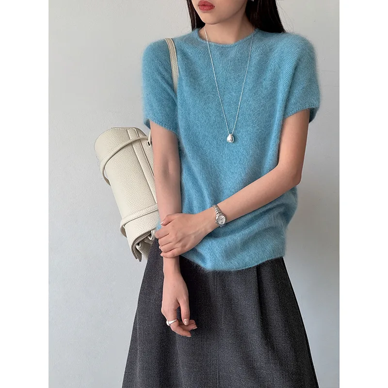 Women Wool Material O-Neck Short Sleeve Sweater Orange Blue Pullovers Clothes Tops For Women Sweater