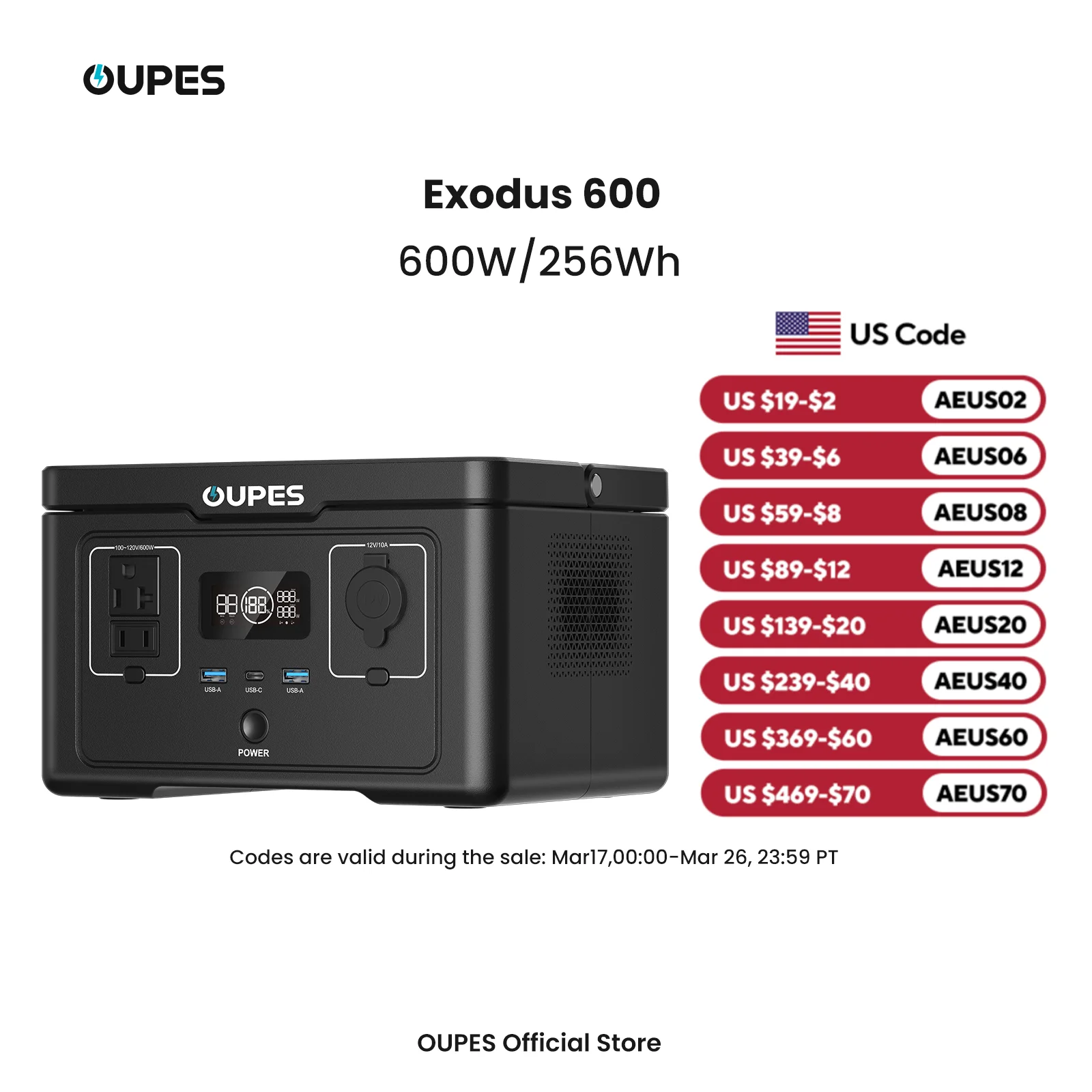 OUPES Exodus 600 Portable Power Station 600W 256Wh(1200w Surge) LFP Generator Camping Outdoor