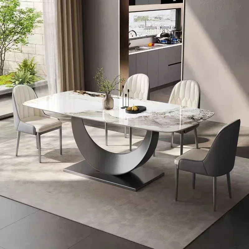 Luxury stainless steel marble dining tables with chairs dinning table and chair set for 4 6 8 seats for diner room furniture