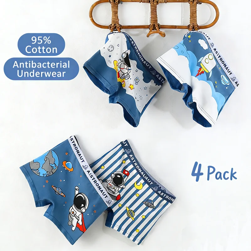 Jungenunterwäsche aus Baumwolle mit flachem Eckdesign, Astronauten- und Baufahrzeug-Motiv, blau-grün-weiße Farbe, Panda-Höschen, Kinderkleidung – Detail 4