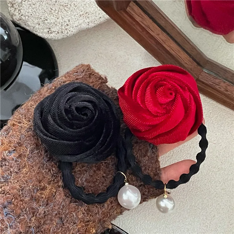 Deep Vintage Fabric Velvet Rose Hair Band Fashionable Temperament Beanie Rubber Band Pearl Pendant Hair Rope New