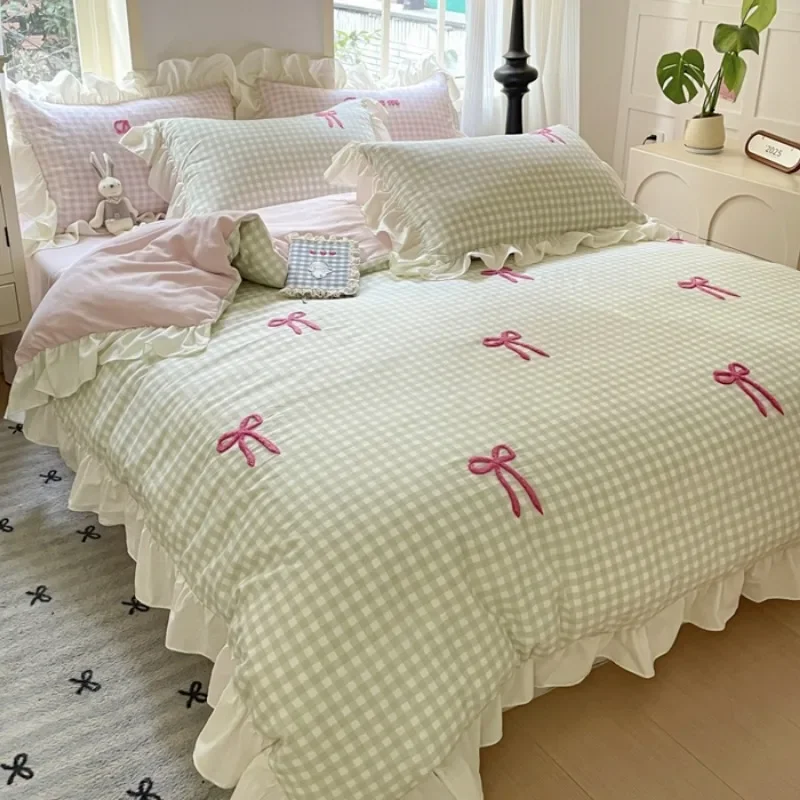 Spring and summer new Korean lace bow four-piece princess style lace washed cotton girl heart pink 5
