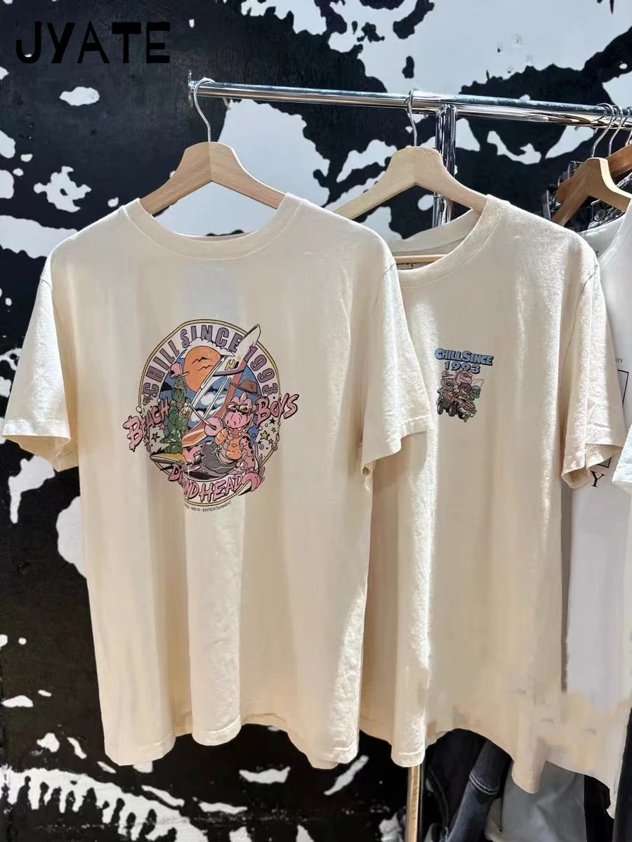 

Vintage Cartoon Print Loose T-shirts Women Summer New O-neck Cotton Casual Cute Short Sleeve Tee Preppy Style Sweet Chic Tops