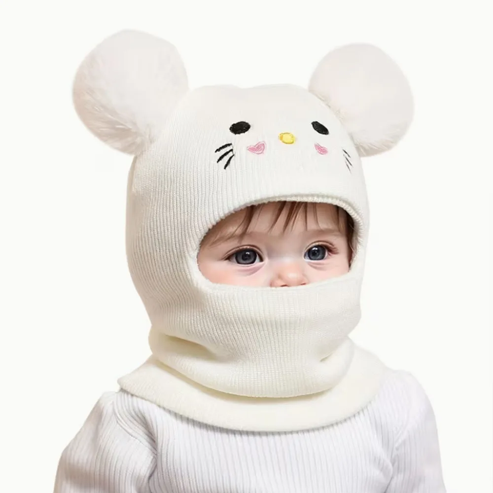 

0-3Y Kids' Hat Autumn and Winter Double Ball Knitted Hat Cute Cartoon Cat Pullover Neck Warmer Suitable for Boys and Girls