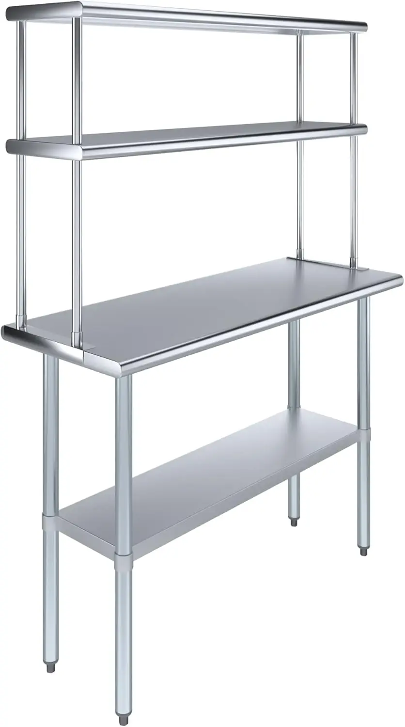 Metal Kitchen Prep Table & Shelving Combo | NSF (Stainless Steel Table with Double Overshelves, 48