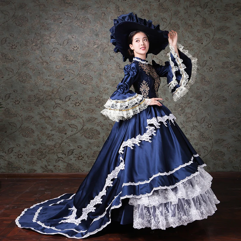 Suknie wieczorowe w stylu średniowiecznym, renesansowym i wiktoriańskim, na bal maskowy, studniówkę, imprezę lub do teatru, z możliwością personalizacji, w kolorze niebieskim.