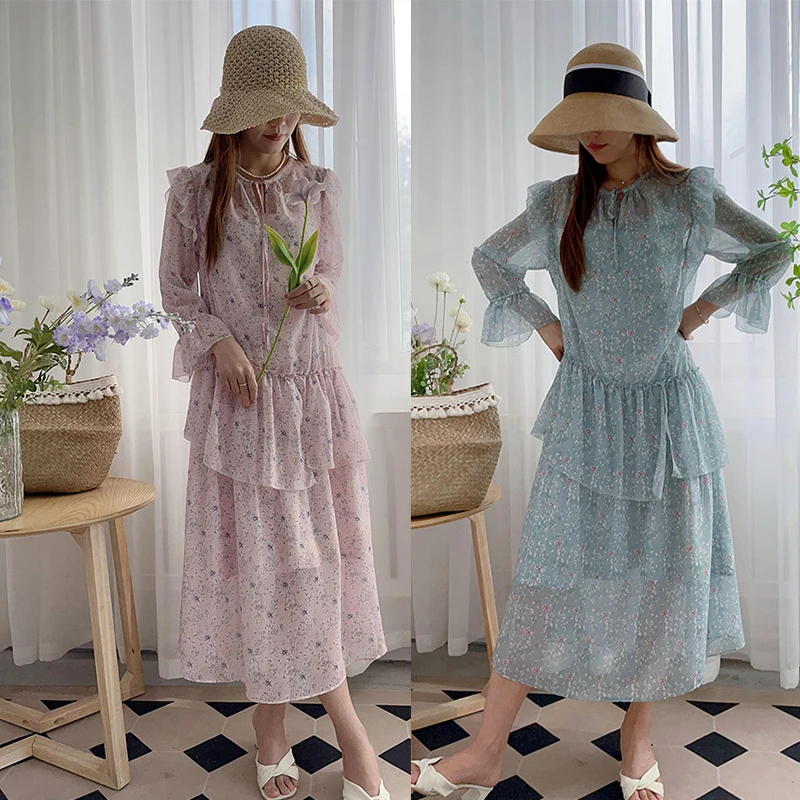 

Нежное шифоновое платье с цветочным декором и бретельками, два цвета, мягкое, весна-лето, женское, с V-образным вырезом, длинными рукавами, в стиле феи, китайский бренд