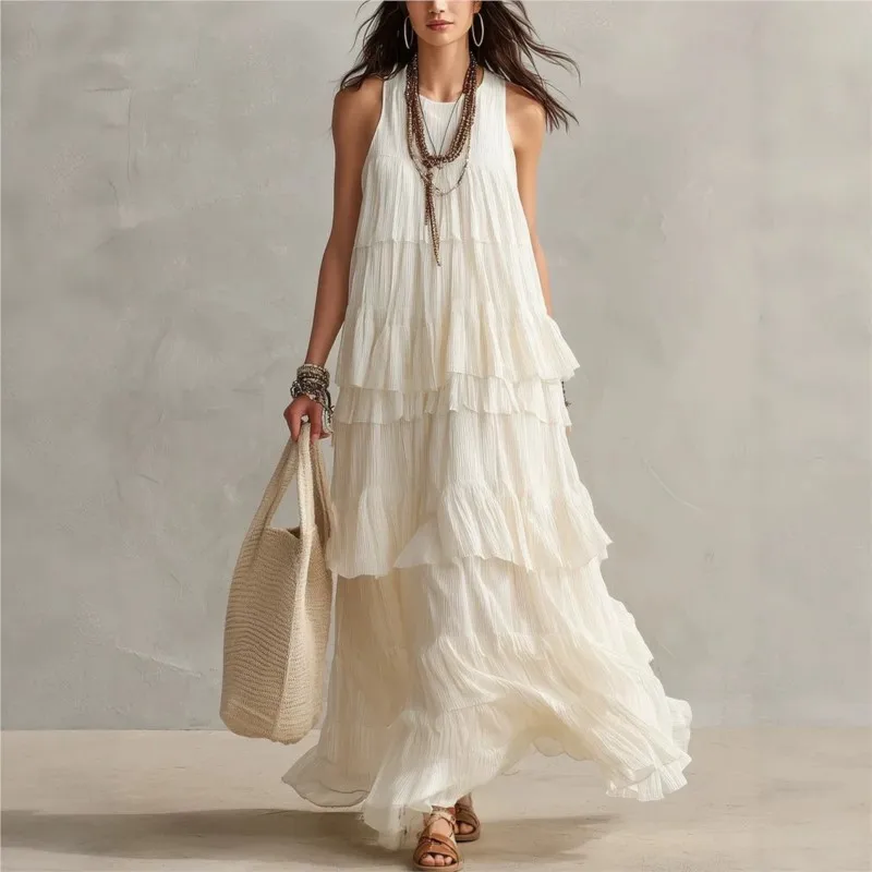 Ärmelloses, gestuftes Rüschen-Maxikleid mit Rundhalsausschnitt, fließendes, lockeres Boho-Freizeitkleid mit Lagenoptik für Damen im Sommer