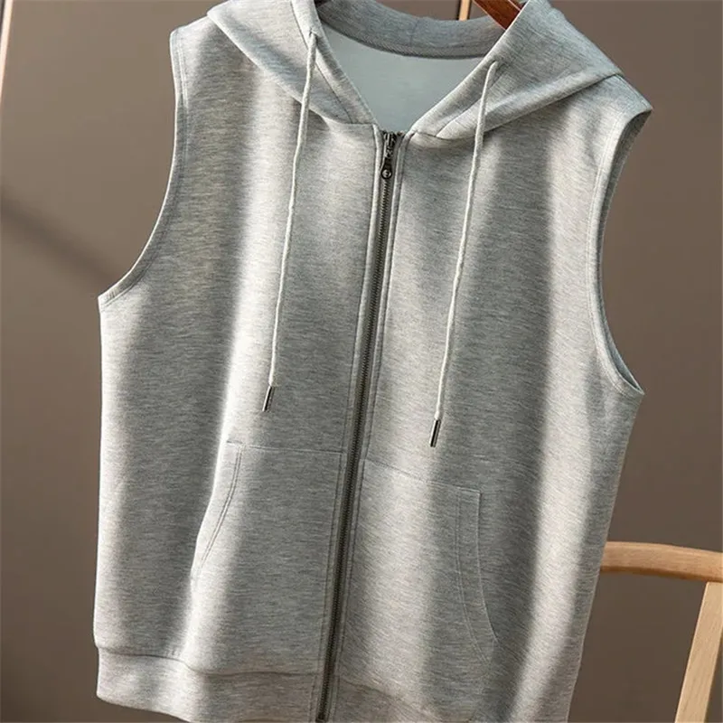 Hooded Sweatshirt Vest Jacket Women Casual Pocket Sleeveless Chaleco Mujer Spring Autumn Fashion Solid Zipper Waistcoat Female