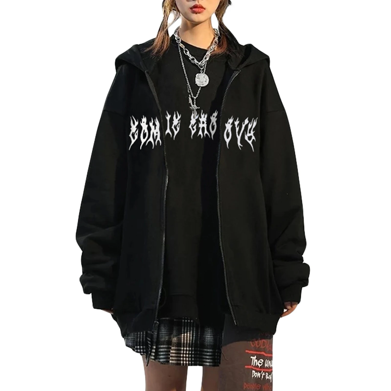 

Women Loose Hood Sweatshirt Animal Skeleton Print Long Sleeve Zipper Closure Coat for Spring Autumn