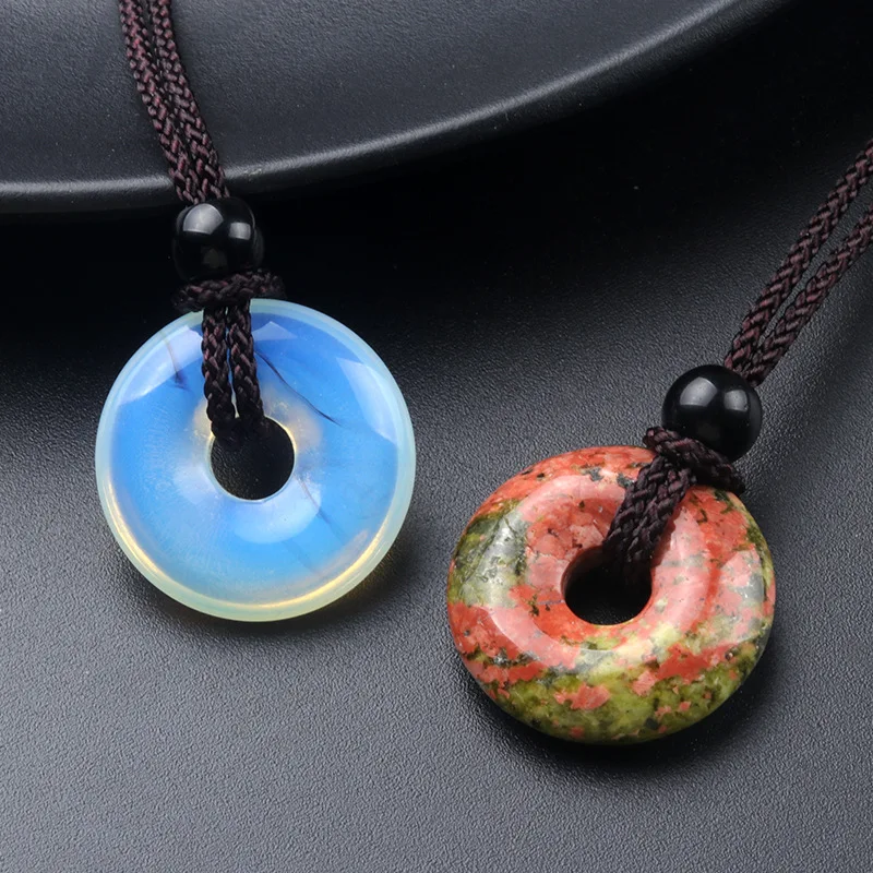 20mm Circle Donut Healing Crystals Stone Pendant Necklace Amulet Lucky Charm Adjustable Braided Rope Necklaces for Men Women