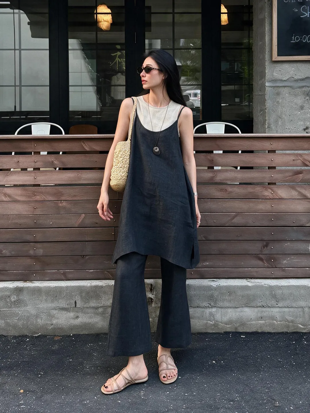 Women's Summer Linen Washed Split Strap Vest Casual Nine-Piece Pants Three-Piece Set Fashionable Korean Style Loose Fit