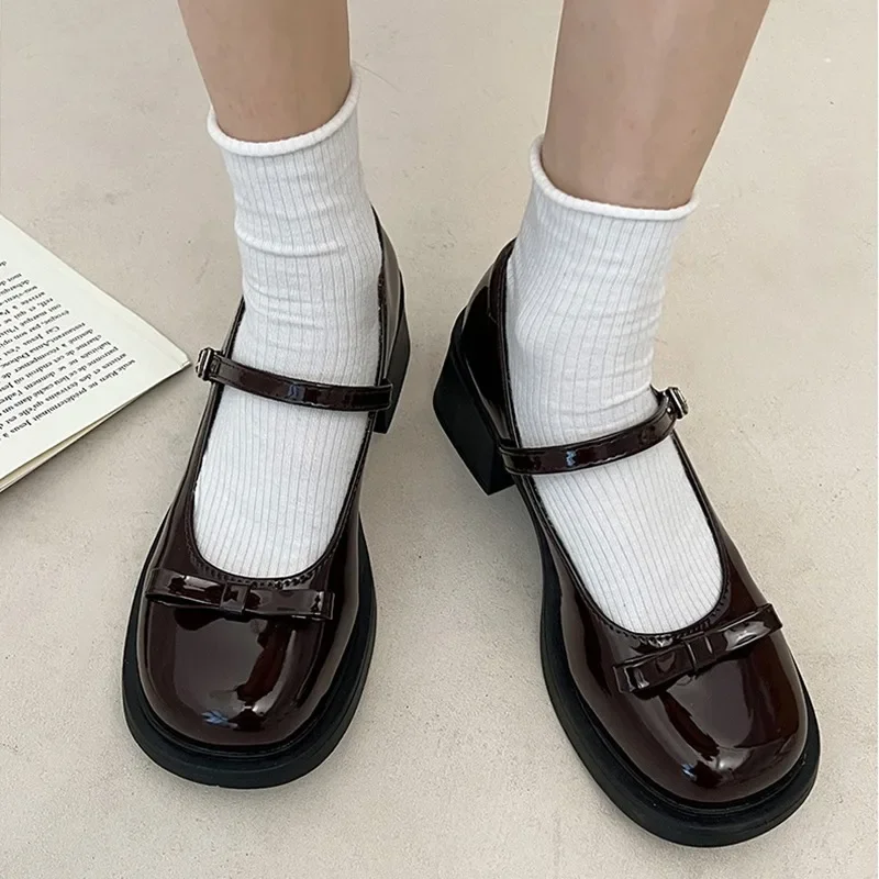 Brown Jk Uniform Shoes British Style Retro Japanese Mary Jane Shoes women's Lolita Bow Sweet Girls Kawaii Mid Heel Cute Laofers