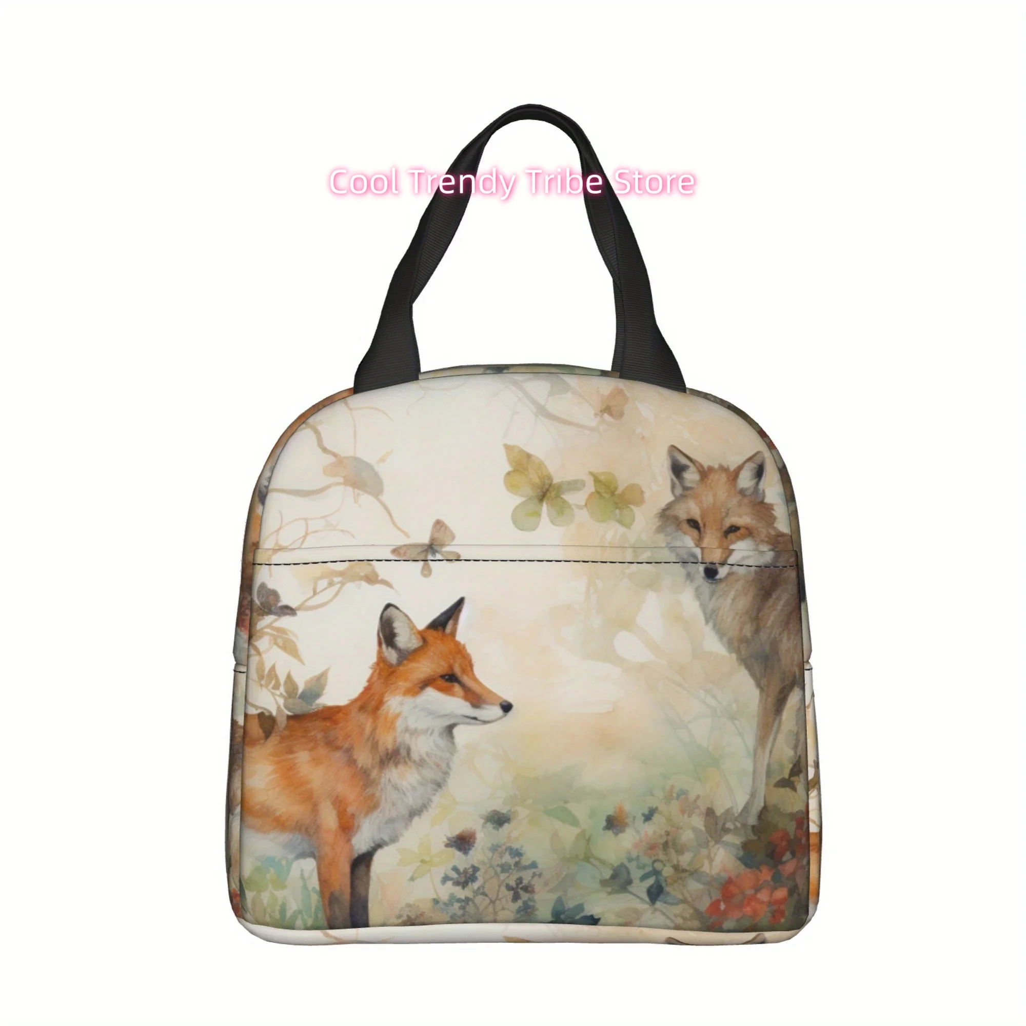 1pc [ 2D flat printing] Forest fox Portable Reusable Cooler Bag, Lunch bag Boxed meal package top - handle bag lunch bag for Cam
