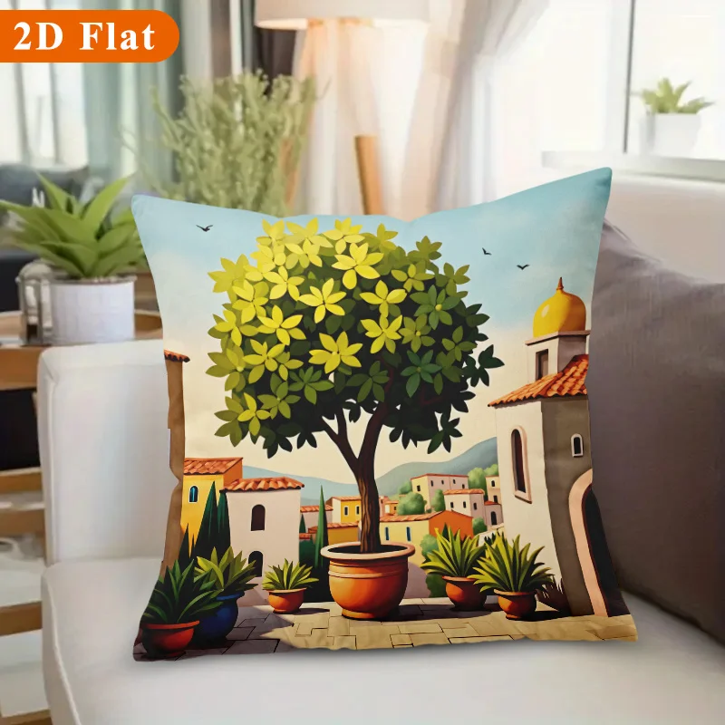 Mediterranean Landscape Pillowcase, Lemon Tree Village Cushion Cover, Italian Coastal Scenery Home Decor for Sofa Living Room