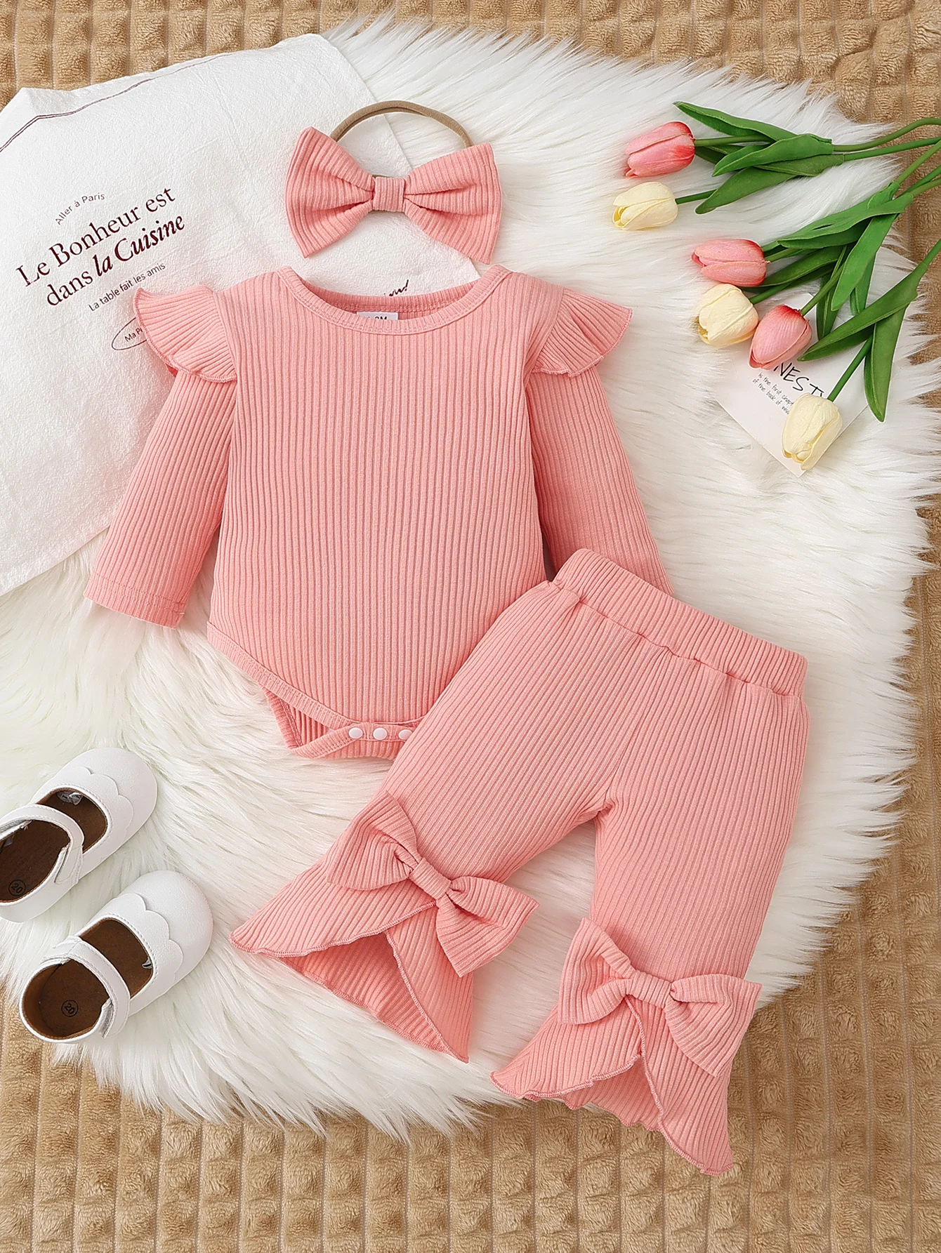 

3 Pieces Baby Girl Ribbed Ruffle Bodysuit Set Bow Pants & Headband Newborn Spring & Autumn Outfits