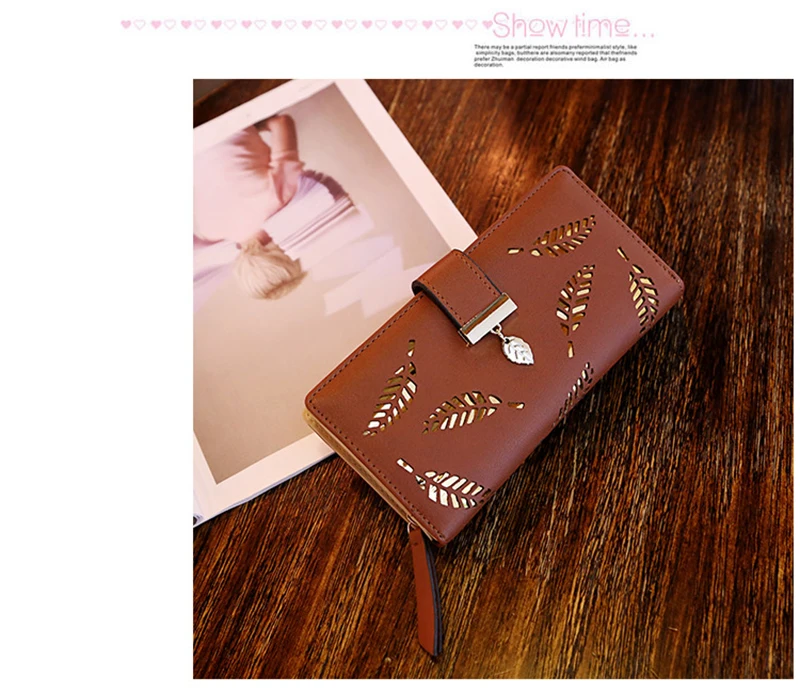 Damen-Geldbörse aus PU-Leder, lange Geldbörse mit goldenem Hohlblattmuster, Clutch-Geldbörse, multifunktionaler Kartenhalter, Münzfach für Damen – Detail 12