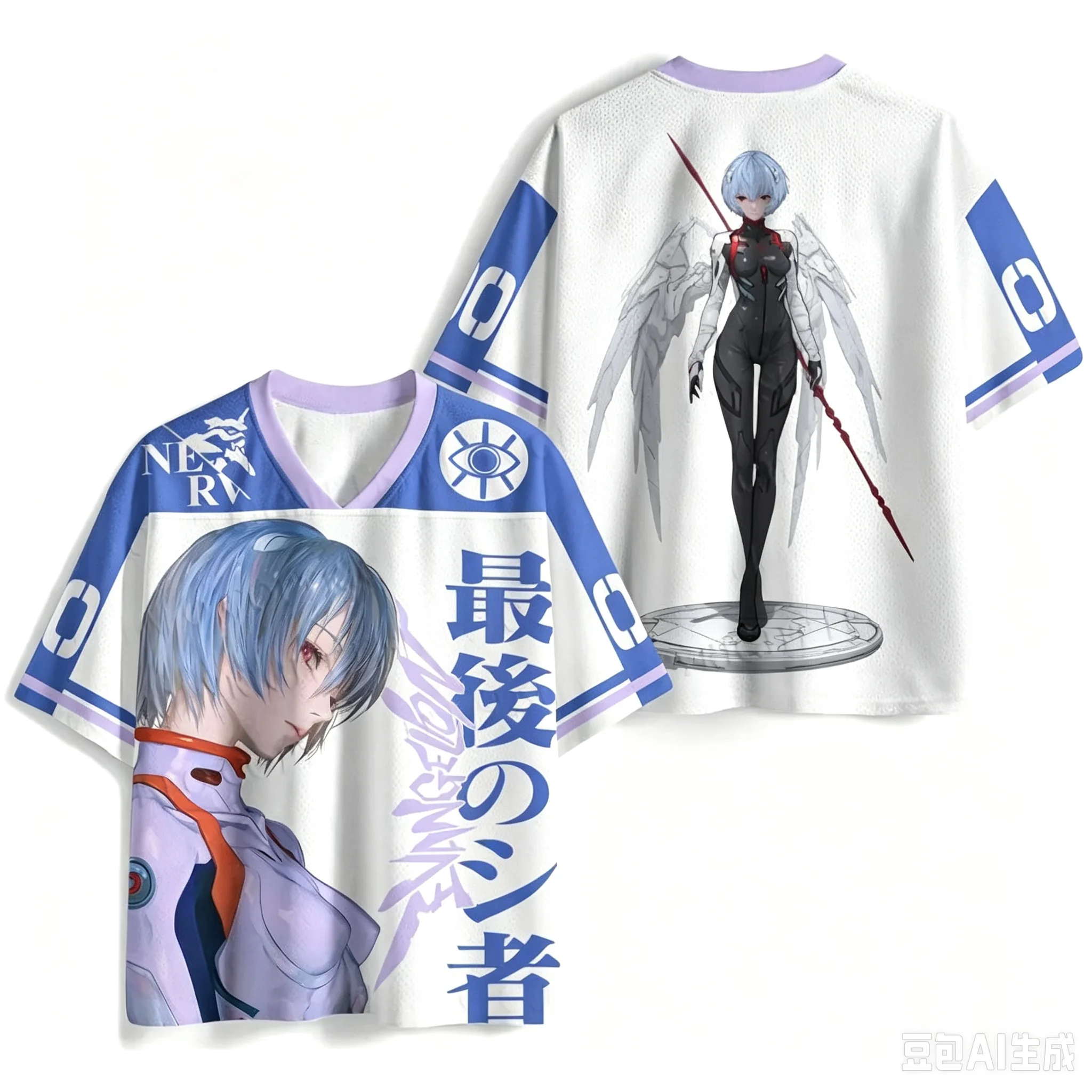 Neues Sommer Anime Rei Ayanami The Last Angel Print Jersey T-Shirt Herren Oversized Streetwear V-Ausschnitt Casual Oberteil