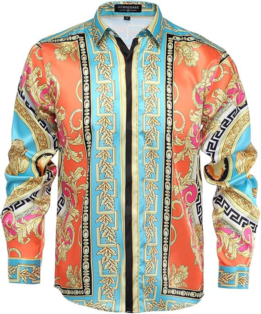 الرجال الأوروبي الباروك نمط ثلاثية الأبعاد قميص مطبوع كم طويل طوق هاواي قميص غير رسمي في الهواء الطلق حفلة الحد الأدنى ملابس الرجال #1