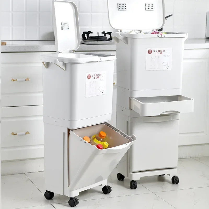 Japanese-style sorting trash can Double bucket Household large kitchen with lid Foot pedal Dry and wet plastic separation bucket