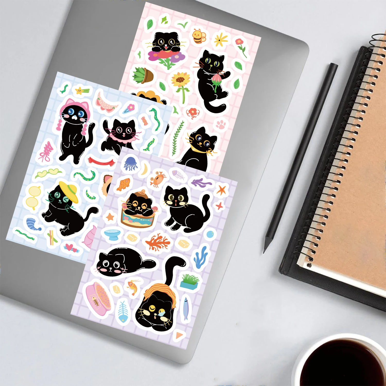 8PCS Little Black Cat Collage Notebooks Scrapbook Living Cute Animal Luggage Phone Luggage Phone Waterproof Decorative Sticker