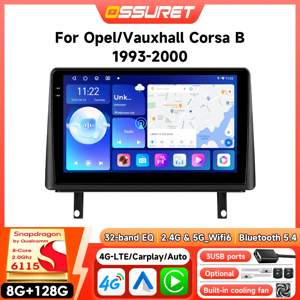 Android-Autoradio für OPEL Corsa B S93 VAUXHALL CORSA MK I 1993 - 2000, kabelloses CarPlay, Autoradio, Multimedia-Player, 2-DIN, 360-Grad-Kamera, intelligenter Bildschirm, 6115, GPS, WLAN