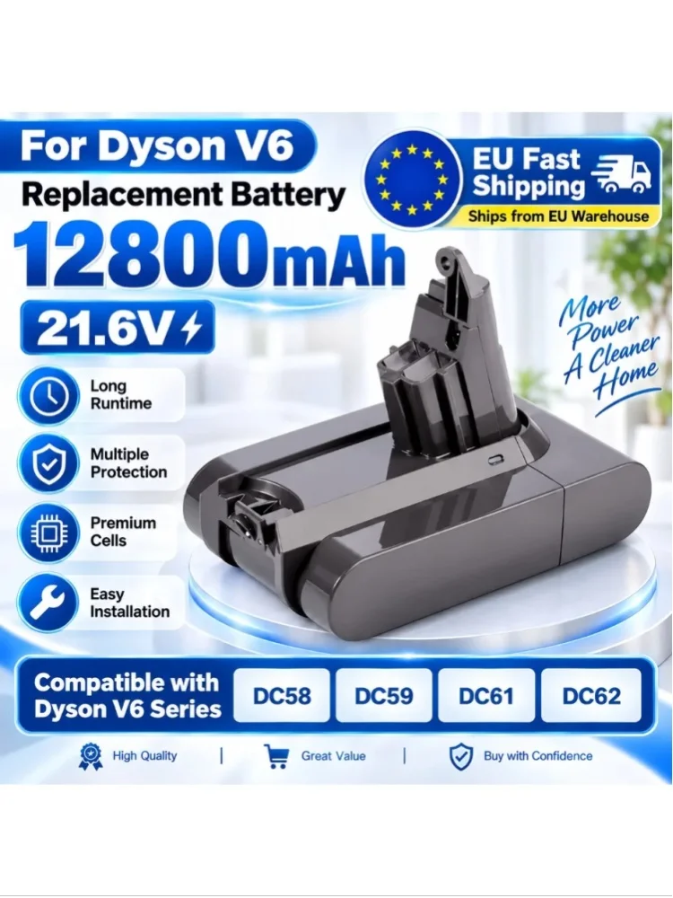 12800-mAh-Lithium-Ionen-Ersatzakku, kompatibel mit dem kabellosen Dyson V6-Staubsauger, wiederaufladbarer Akku mit hoher Kapazität und Mehrfachschutzsystem.