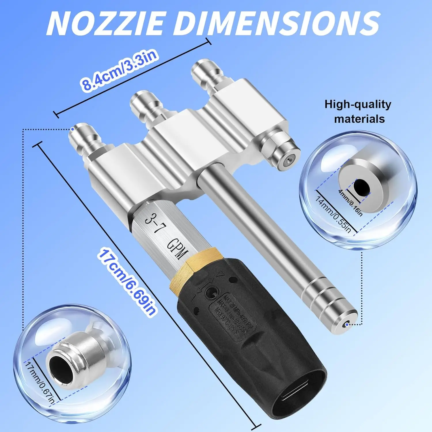 Three-in-one Adjustable Downstream Soft Wash Nozzle Stainless Steel M5 Twist Tip 1/4'' Quick Connect 0 60 Spray Pattern