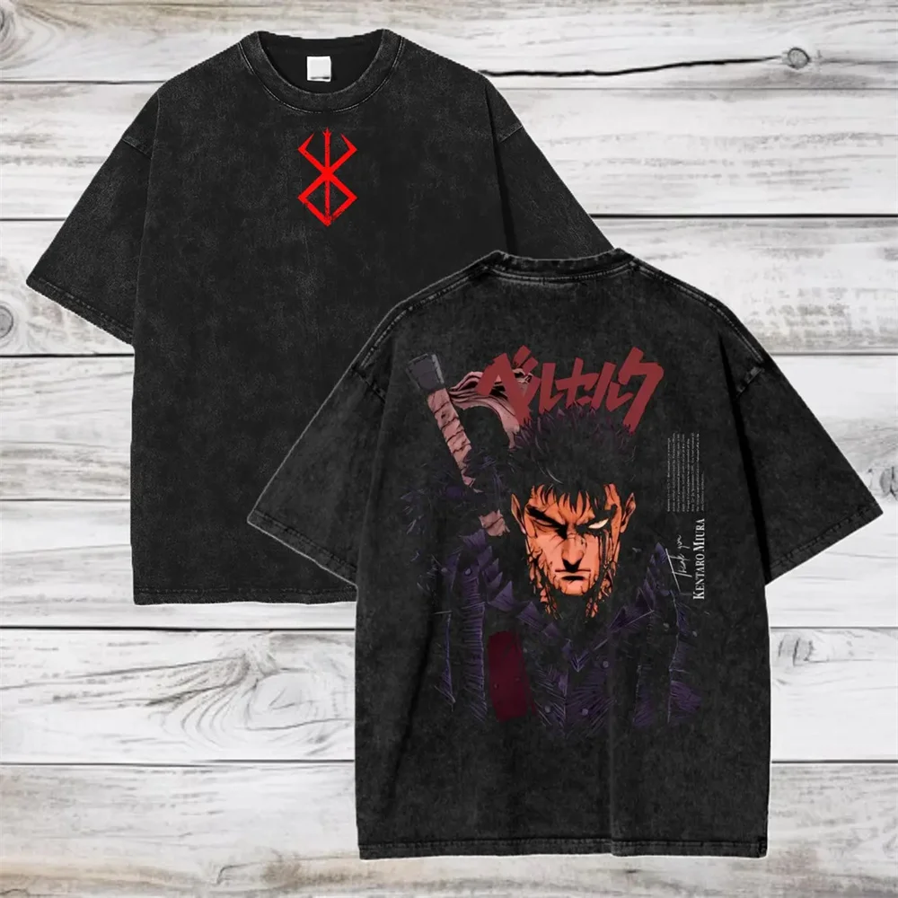 T-shirt graphique anime noir délavé vintage double face Berserk Brand of Sacrifice avec portrait de Guts sur le devant, coupe oversize Y2K
