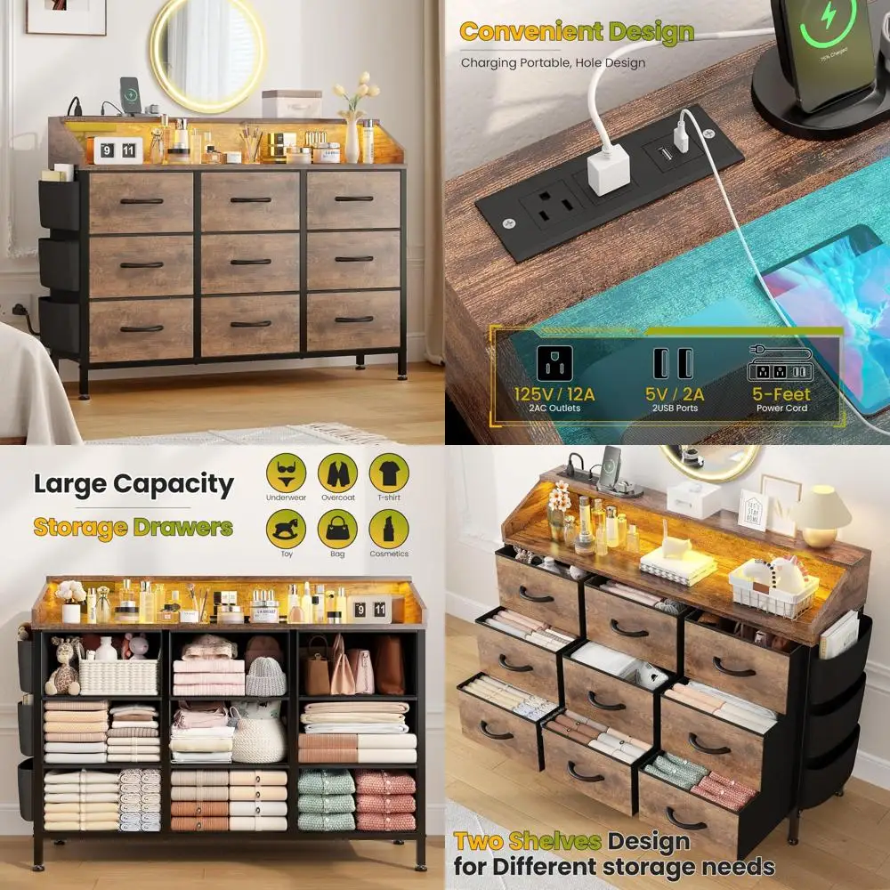 

Комод для спальни с 9 ящиками, тканевыми передними частими, светодиодной подсветкой и зарядной станцией