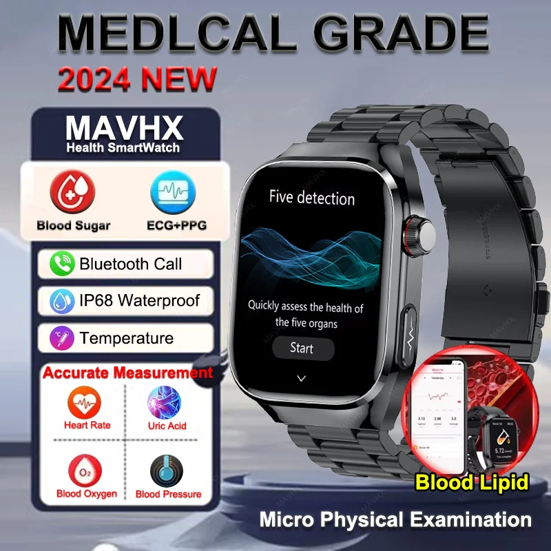 Medical Grade Health Smart Watch Men AMOLED Screen ECG Physical Examination Blood Glucose Fat Uric Acid Heart Rate Smartwatch