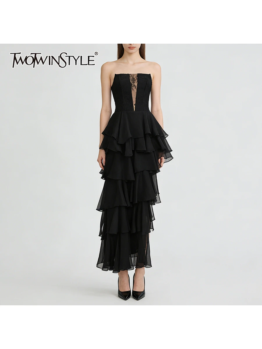 TWOTWINSTYLE Irregular Slimming Spliced Ruffles Long Dress for Women Strapless Sleeveless Patchwork Lace Fashion Dresses Female