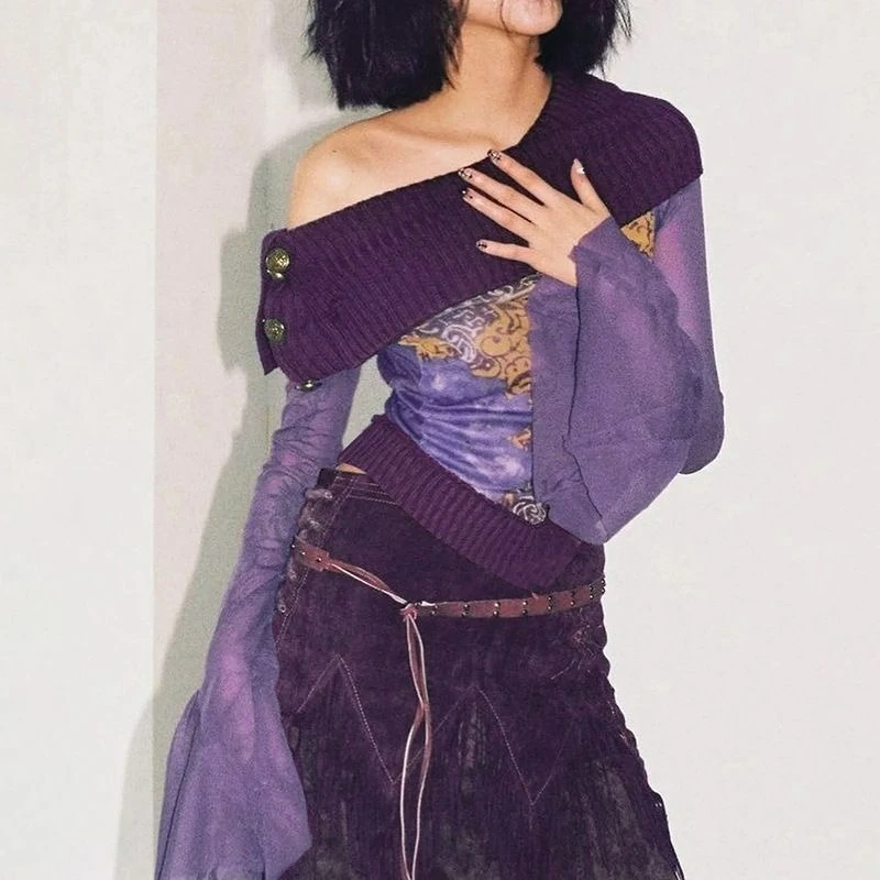 

American Retro Long-sleeved Mesh One-shoulder Sweater 2026 Autumn New Style Fashionable Patchwork Design Trendy Printed Top