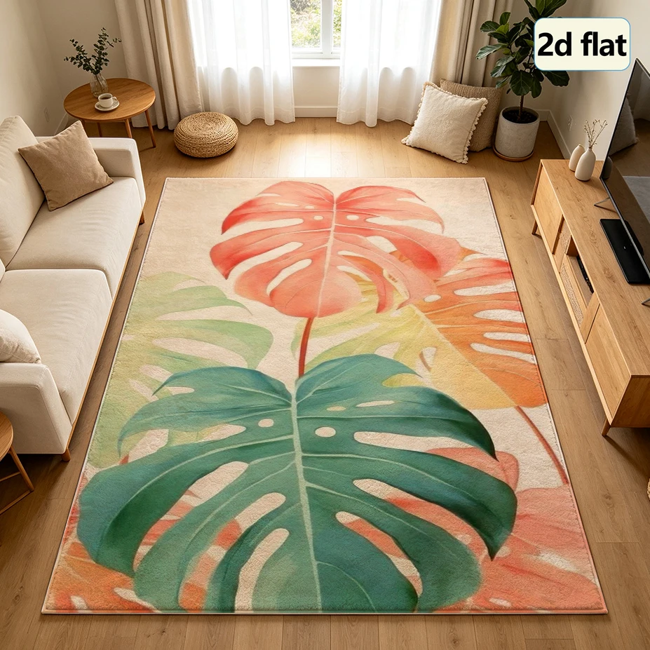 Tropical Watercolor Monstera Leaf Carpet Flooring, Soft Pastel Botanical Print Area Rug Non-Slip Floor Mat for Balcony Living Room Home Decor