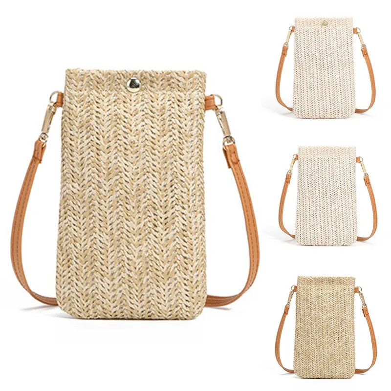 Wallet Women Diagonal Straw Woven Mobile Phone Clutch Bag Ladies Purse Summer Beach Travel Mini Purse Card Holder