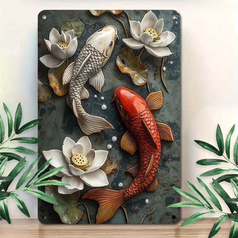 

Koi Fish and Lotus Signs 2D Flat Print Carp Retro Metal Sign Hanging Plaque Idea for Home Decorations, 7.9x11.8"/11.8x17.7"