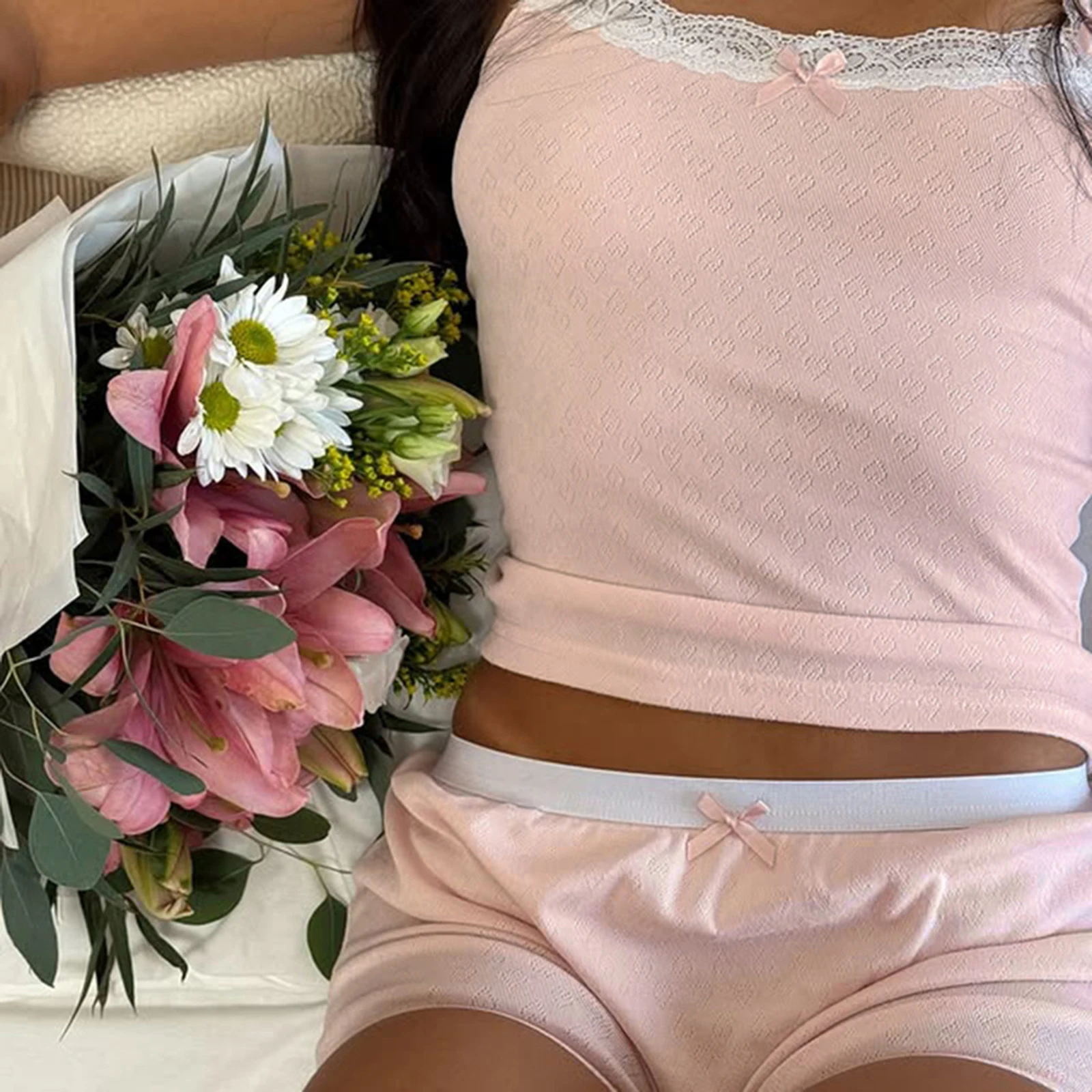 New Fashion Womens Summer Pajamas Set Stylish Contrast Edge Camisole Tops With Shorts Lounge Wear 2 Pcs Set S M L